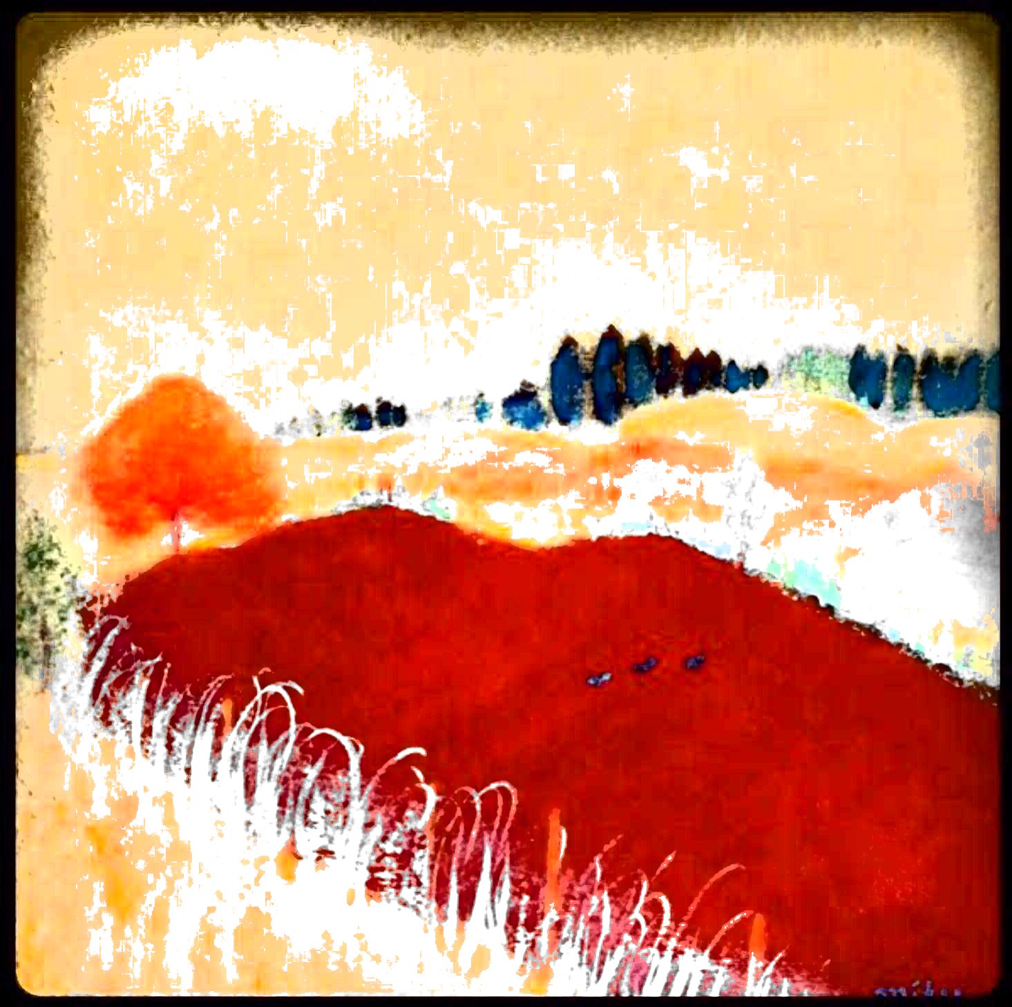 壁画風 阿蘇の風景 画材:鉱物顔料 (画像は画像処理されています)